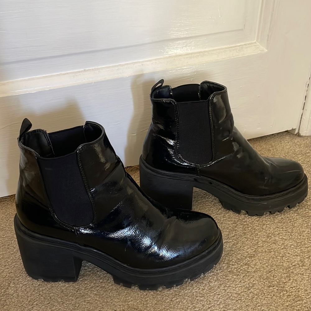 Black Patent Cleated Sole Chelsea Boots